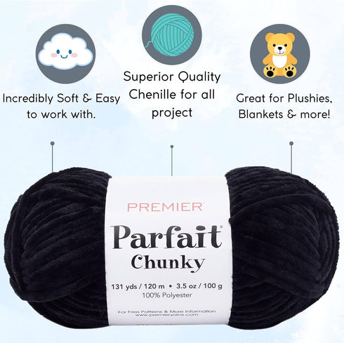 Premier Yarns Parfait Chunky Black 1150-10 (3-Skeins - Same Dye Lot) Weight S Bulky #6 Polyester Yarn for Crocheting and Knitting - Bundle with 1 ...