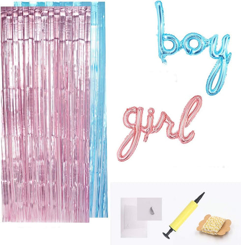 Gender Reveal Decoration Set - Metallic Fringe Curtains + BOY Girl Foil Balloons Gender Reveals Party Photo Backdrop (Pink/Blue)...