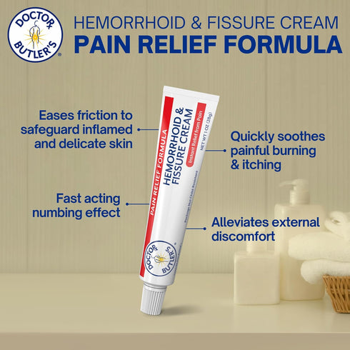 Doctor Butler's Hemorrhoid & Fissure Cream – Instant Pain Relief Hemorrhoid Treatment with Lidocaine, Fast Acting Hemorrhoid Cream for Relief from...