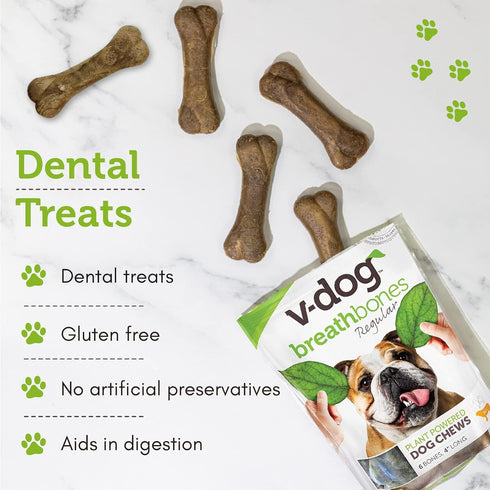 V-dog Dog Treats - Vegan Breathbone Teeth Cleaning Dental Dog Bones - Fresh Breath - 8 Ounces - All Natural - Made in USA - 6 Bones - 4" Long - Ea...