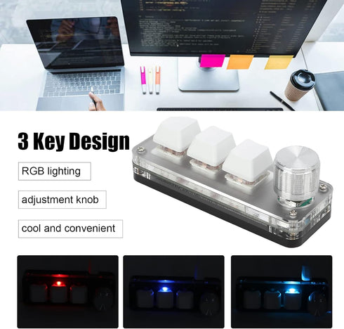 Yoidesu Mini 3 Key Keypad with Knob, One Handed Macro Mechanical Keyboard, 3 Fully Programmable Keys, for Office, Games, Music, Media, Industrial ...