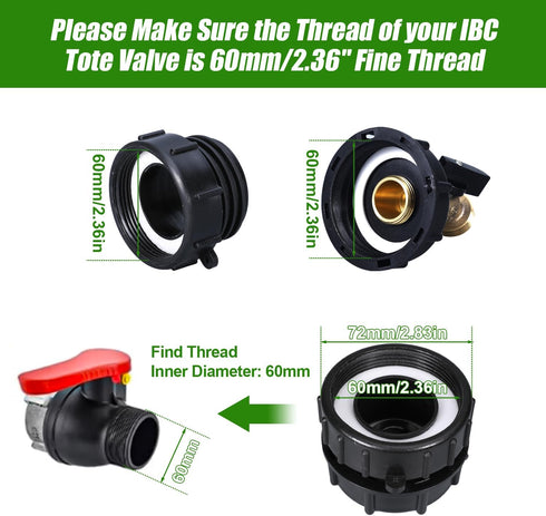 IBC Tote Adapter, 275-330 Gallon ibc tote fittings 2.36" Fine Thread Tote Valve Lead-Free Brass Hose Faucet Valve Tool with Ball Valve for Garden ...