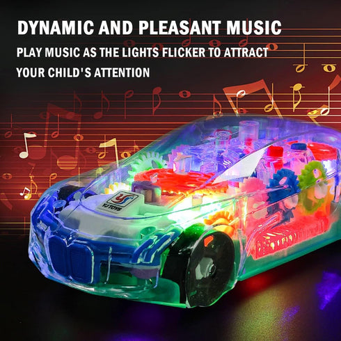 Light Up Transparent Car Toy - Fun and Interactive Electric Car Toy for Kids- Music Car with LED - Colorful Moving Gears -Tummy Time Crawling Baby...
