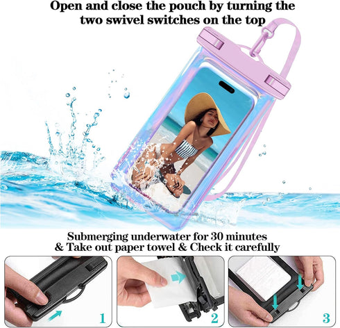 2 Pack Iridescence Universal Waterproof Phone Pouch, Large Phone Waterproof Case Dry Bag (Protection Level: IP68) Outdoor Sports for Apple iPhone,...