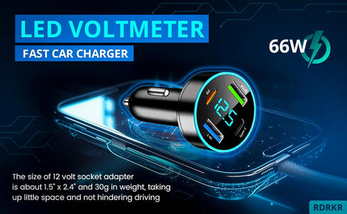 66W Car Charger Cigarette Lighter USB Charger, 4-Port Car Charger, 2 * USB 2.4 +PD+Type C Cigarette Lighter AdapterVoltmeter Compatible with Samsu...