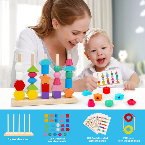 Montessori Toys for 2 3 4 Year Old Kid Boy Girl Toddler, Montessori Wooden Beads Sequencing Toy Set, Lacing Beads & Stacking Block & Matching Shap...