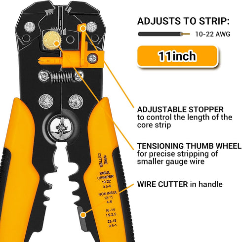 11" Self-Adjusting Wire Stripper/Wire Cutter, Heavy Duty, for 10-20 AWG Solid, Precision Wire Stripper & Cutter, Multi-Function Pliers - High Leve...