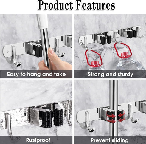 2 Racks and 3 Hooks Broom and Mop Holder Wall Mounted Garage Organizer Storage Tool Racks Stainless Steel Heavy Duty Hooks Self Adhesive Solid Non...