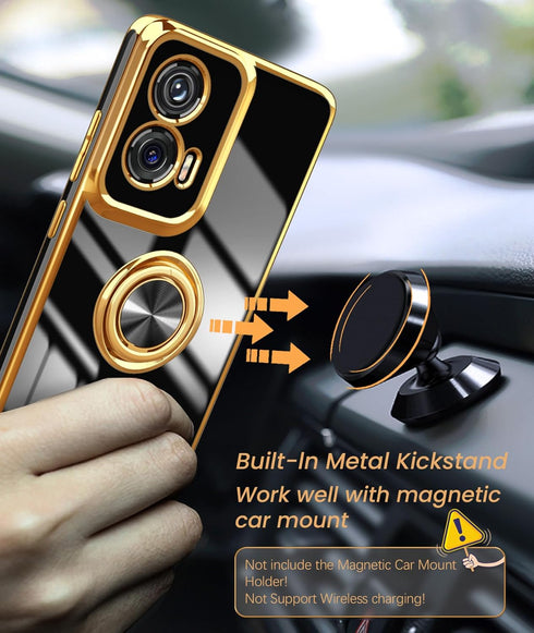 Dretal for Moto G Stylus 5G 2024 Case, 2X Screen Protector, 360° Rotatable Ring Holder Magnetic Kickstand,Plated Gold Edge Slim Soft TPU Protectiv...