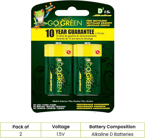 GoGreen Power (24004) Eco Friendly Alkaline D Batteries - No Lead, Cadmium or Mercury - Pack of 2...