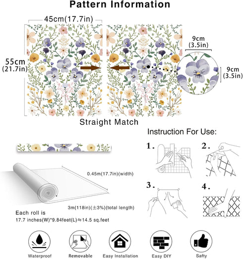 HAOKHOME 93399-1 Floral wallpaper Peel & Stick Purple/Green/White Nursery Wall Paper Boho Stick on Contact Paper 17.7in x 9.8ft...