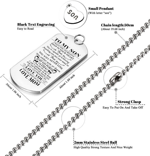 To My Son from MOM I Want You To Believe Love Mom Dog Tag Military Air Force Navy Coast Guard Necklace Ball Chain Gift for Best Son Birthday and G...