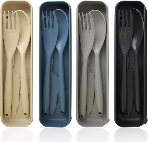 JIABEIUS Large Travel Utensils with Case, 4 Pack Wheat Straw Flatware Reusable Utensils, Portable Travel Cutlery Set for Lunch School Picnic Campi...