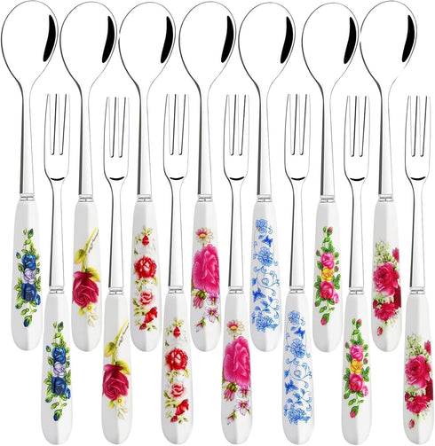 14 Pcs Dessert Forks and Spoons Silverware Set,Stainless Steel Cutlery Forks,Mini Coffee Spoons Pastry Forks with Porcelain Handles,Cake Forks Tea...