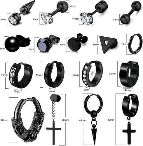 17 Pairs Earrings for Men, Stainless Steel Earrings For Men Sensitive Skin, Black Fashion Earring Piercing Jewelry Cross Dangle Hoop Earrings Kit ...