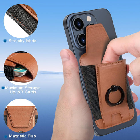 Magnetic Wallet Card Holder for iPhone 15/14/13/12 Series, 360°Rotation Finger Ring Kickstand, RFID Blocking, Store 7 Cards, Cell Phone Sleeves Ma...
