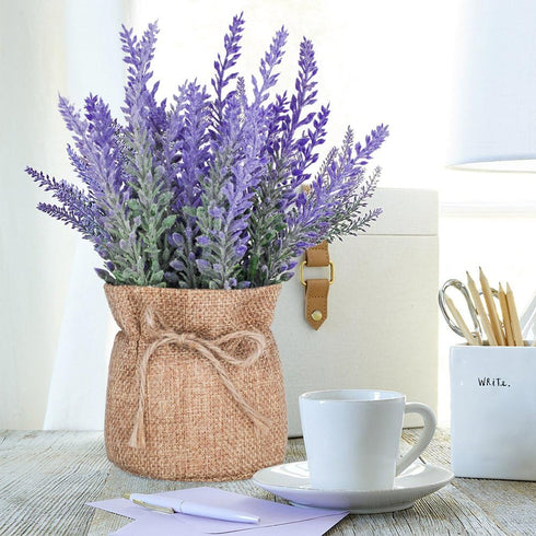 2 Pack Small Burlap Potted Lavender Flowers - Lavender Artificial Plants and Flocked Charming Purple for Warm and Loving Table Decor Christmas Dec...