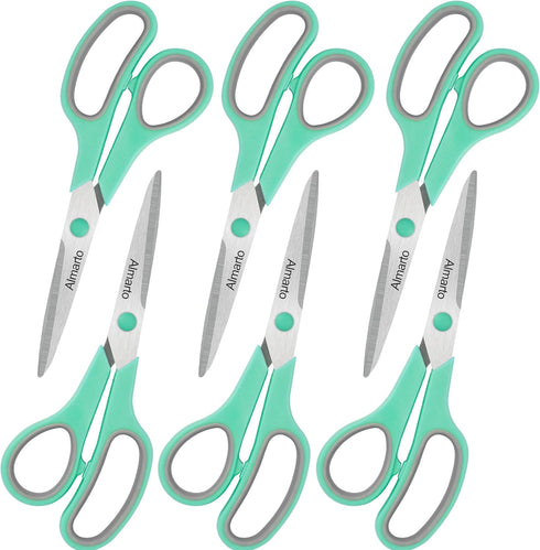 Light Green 6 Scissors Bulk, Almarto 8" All Purpose Scissors Pack - High Performance and Designed for Comfort and Cutting - Sharp to Cut but Soft ...
