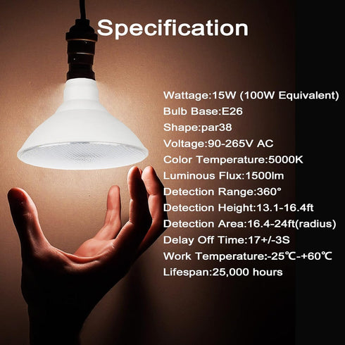 Radar Motion Sensor Outdoor Flood Light Bulbs, Dusk to Dawn LED Security Light E26 Base PAR38 Motion Activated 5000K Daylight, 15W(100-Watt Replac...