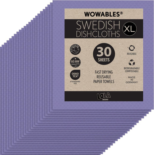 LOLA Wowables XL Swedish Dishcloths, 30 Reusable Eco Cleaning Cloths, 11" x 10", Ultra Absorbent Cellulose Sponge Towel, Compostable, Made in Germ...