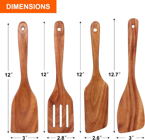 Best Wooden Spatula for Cooking Non Stick Kitchen Utensils Teak Wood Spatula Set of 4 Flat Slotted Turner Spatula for Baking Mixing Scraping Fish ...