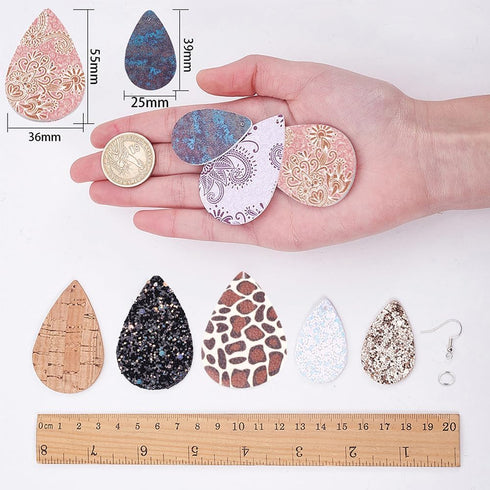 SUNNYCLUE 66Pcs DIY Make 6 Pairs Faux Leather Charms Double Layered Teardrop Drop Charm Dangle Bohemian Earring Making Starter Kit Leopard Print B...