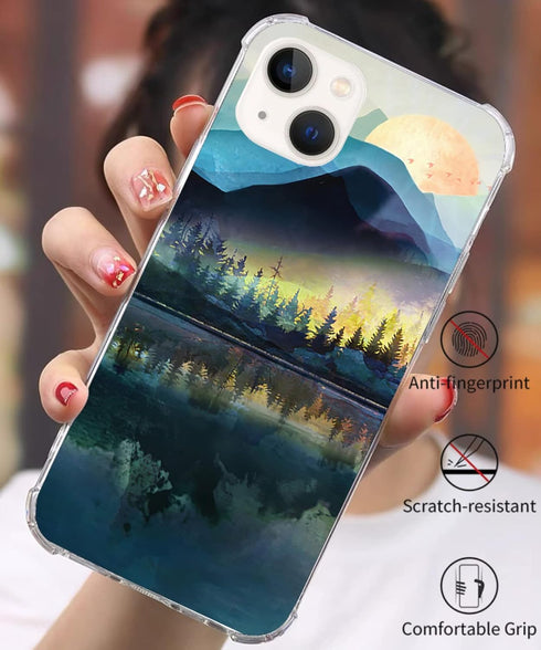 Mountain Sunrise/Sunset Phone Case Compatible with iPhone 15, Beautiful Scenery Golden Forest Birds Pattern Case for iPhone 15, Trendy Unique Desi...