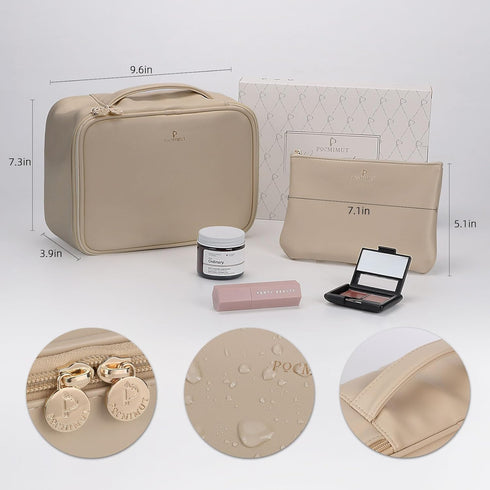 Pocmimut Travel Makeup Bag - Leather Make Up Bags Cosmetic Bags for Women, Large Makeup Organizer Bag with Brush Holder, Makeup Traveling Bag for ...