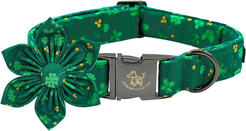 Elegant little tail St. Patrick's Day Dog Collar with Flower, Dog Collar Flowers Green Clover Girl Dog Collar Pet Gift Adjustable Dog Collar for S...