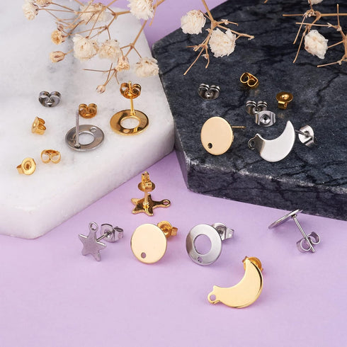 Pandahall 16 Pairs Stainless Steel Earring Making Kit with Ear Nuts 4 Shape Moon Ring Star Flat Round Stud Earring Findings with Hole for Jewelry ...