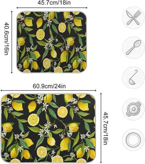 ALAZA Yellow Lemon on Black Dish Drying Mat for Kitchen Counter Absorbent Microfiber Large Drying Pad Dish mats for Kitchen Countertops 18 x 24 In...
