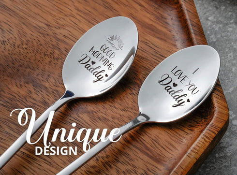 Good Morning Dad Spoon, 2 Pcs Stainless Steel Coffee/Ice Cream Spoons, Gifts for Dad on Birthday/Christmas/Thanksgiving, Gift Ready Package...