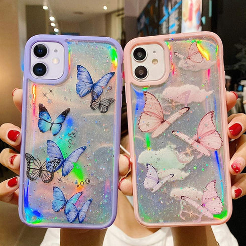 LCHULLE Girly Case for iPhone 11 Case Cute Iridescent Butterfly Design Laser Bling Glitter Stars for Girls Women Soft TPU Bumper Drop Protection C...