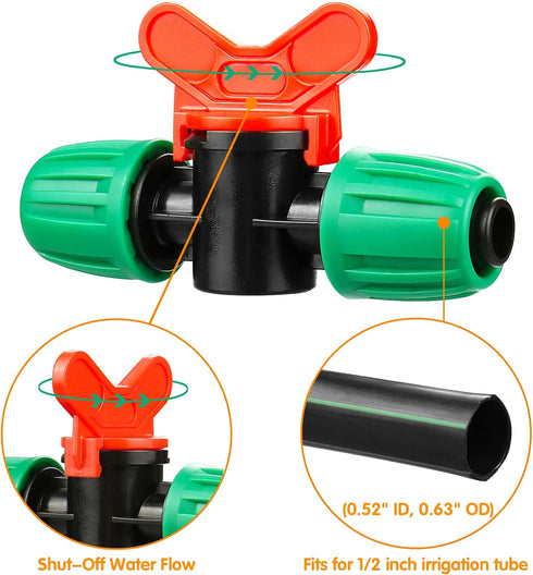 1/2 Inch Drip Irrigation Valve, 10 Pcs 1/2" In-Line Barbed Locked Switch Valves For 1/2 Inch Drip Tubing (0.60"-0.63" OD), 1/2 in. Shut Off On Val...