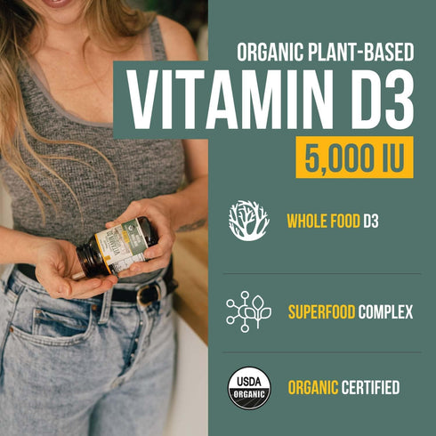 Organic Vitamin D3 5,000 IU - 100% Whole Food & Plant-Based Cholecalciferol Form, 100% Vegan Vitamin D - Enhanced with Prebiotic & Superfood Compl...
