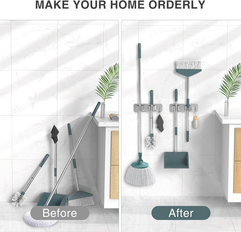 Mop Broom Holder Wall Mounted SUS304 Stainless Steel, Mop Broom Organizer with 2 Installation Methods (No Drilling&Screw Drilling Installation 2 I...