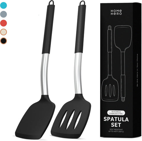 Home Hero Silicone Spatula Set with Ergonomic Handles - Stainless Steel High Heat Resistant Solid & Slotted Turner, BPA Free Non Stick Kitchen Ute...