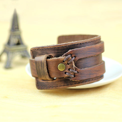 Womens and Mens Genuine Cuff Bangle Leather Bracelet Adjustable Wristband in Punk Design Coffee 30G | Punk Bracelets | Bracelets for Men | Bracele...