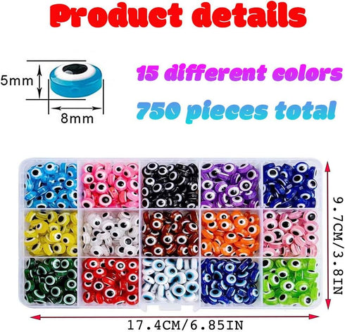 Evil Eye Beads for Jewelry Making,750 Pieces Flat Round Lampwork Evil Eye Turkish Handmade Resin Charms Spacer Beads for DIY Jewelry Bracelet Earr...