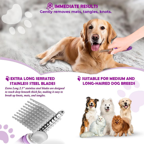 Dematting Undercoat Rake Comb for Dogs & Cats with Long 2.5-In Stainless Steel Safety Blades for Removing Knots, Mats & Tangles - Pet Grooming Des...