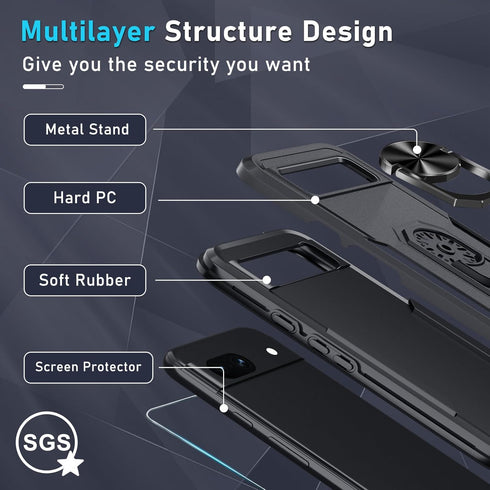 for Google Pixel 8a Case with Screen Protector + Camera Lens Protector,Heavy Duty Shockproof Full Body Protective Cover Built in Rotatable Metal R...