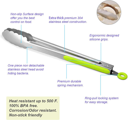 304 Stainless Steel Kitchen Cooking Tongs, 9" and 12" Set of 2 Sturdy Grilling Barbeque Brushed Locking Food Tongs with Ergonomic Grip, Green...