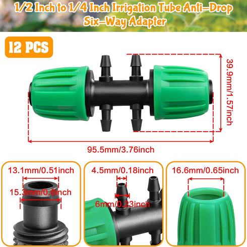 Barbed Tee 1/2 Inch to 1/4 Inch Irrigation Tubing: Locked Barbed Reducing Tee 6-way Adapter Anti-Drop Irrigation Fittings for Splitting 1/2" to 1/...