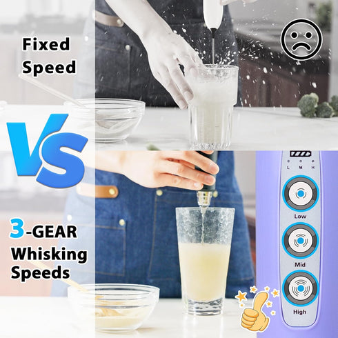 Milk Frother Handheld Rechargeable - Electric Whisk 3 Speed Adjustable, Coffee Frother Wand with 3 Stainless Whisks, Electric Foam Maker, Drink Mi...