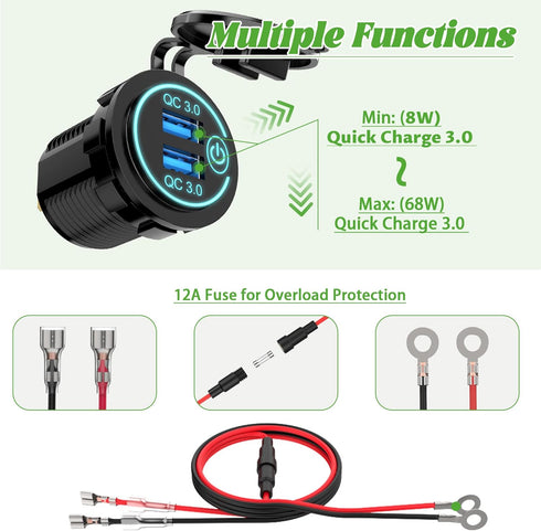 10L0L Golf Cart Quick Charge QC 3.0 Dual USB Charger Socket, 12V-24V USB Outlet for Yamaha EZGO Club Car, 12V Input Double USB Ports with DIY Car ...