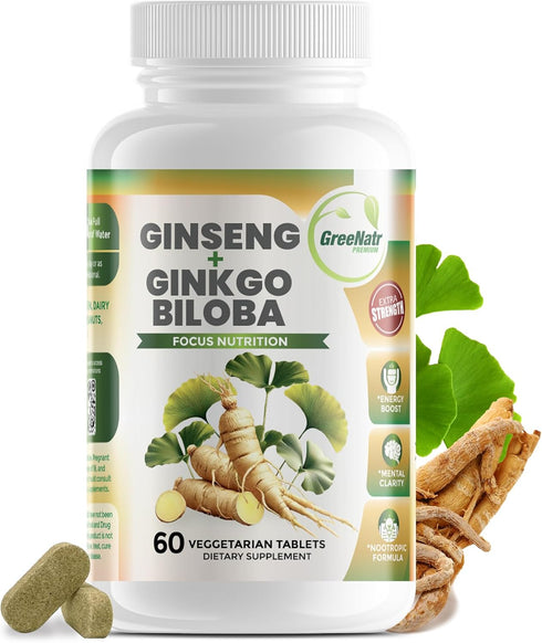 Ginko Biloba & Panax Ginseng Supplement - Red Ginseng Brain Supplement for Memory and Focus - Ginkgo Biloba Supplements for Good Vision, Immune Sy...