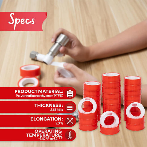 XFasten Teflon Tape 1/2 Inch x 394 Inches 30-Pack 19,700” Total White Plumbers Tape Teflon Tape Plumbing Tape for Leaks, Water Pipe Tape Teflon Ta...