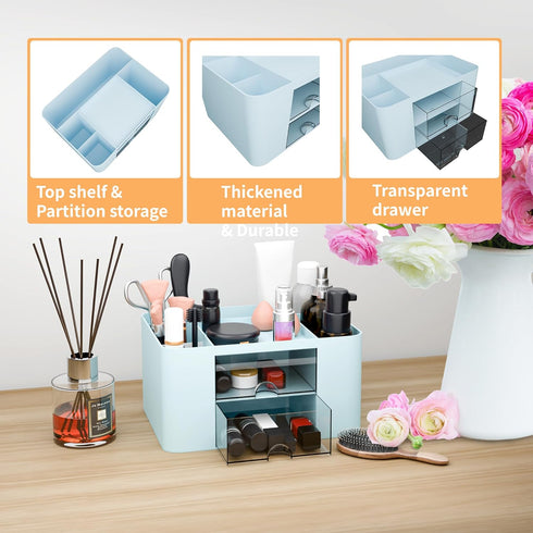 Desk Organizer with 2 Drawer, Multi-Functional Pencil Pen Holder for Desk, Plastic Desk Organizers and Storage with 5 Compartments, Desktop Organi...