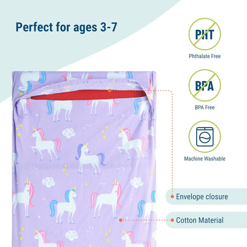 Wildkin Kids Cotton Nap Mat Cover – Soft, Sewn-in Flap, Durable & Fits 1.5" Vinyl Sleep Mats - Unicorn...