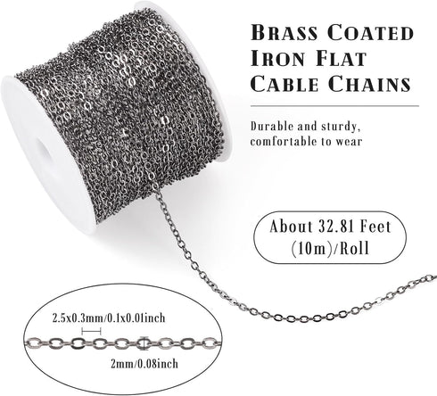 Beadthoven 32.8Ft Brass Flat Cable Chain for Jewelry Making 2mm Black Flat Cross DIY Necklace Chain Bracelet Jewelry Finding Chains Extender Chain...
